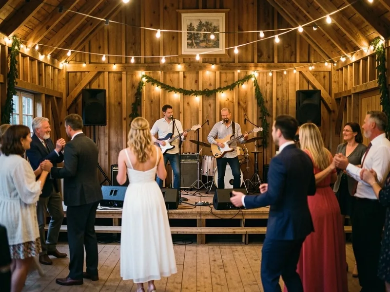 Band spiller i en pyntet lade til bryllup, brudeparret og gæsterne danser foran scenen