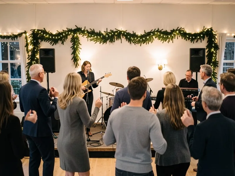 Band med sangerinde, trommer og keyboard spiller til julefrokost, kolleger danser foran scenen