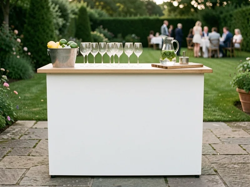 Hvidt barmodul med egetræsplade, vinglas, isspand med citroner og karaffel på en terrasse