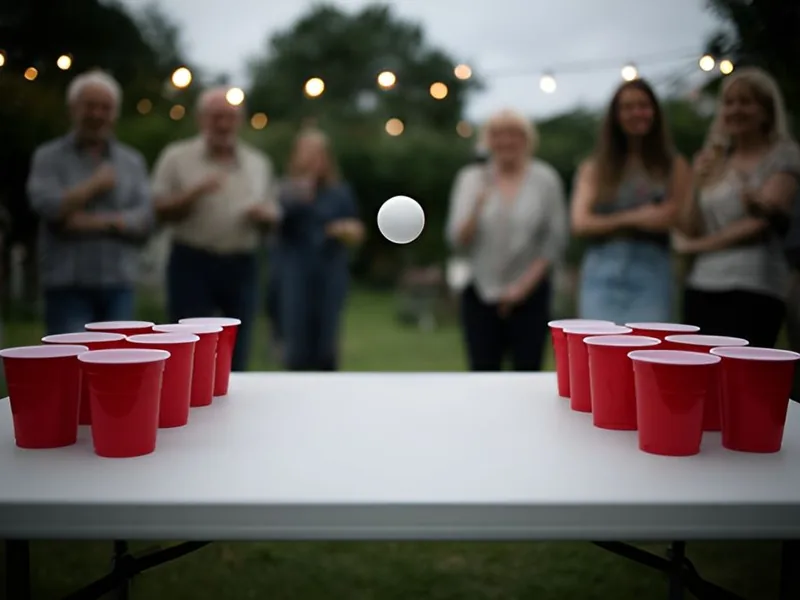 Beer pong-bord i haven med røde kopper i hver ende og en bold i luften, gæster ser på