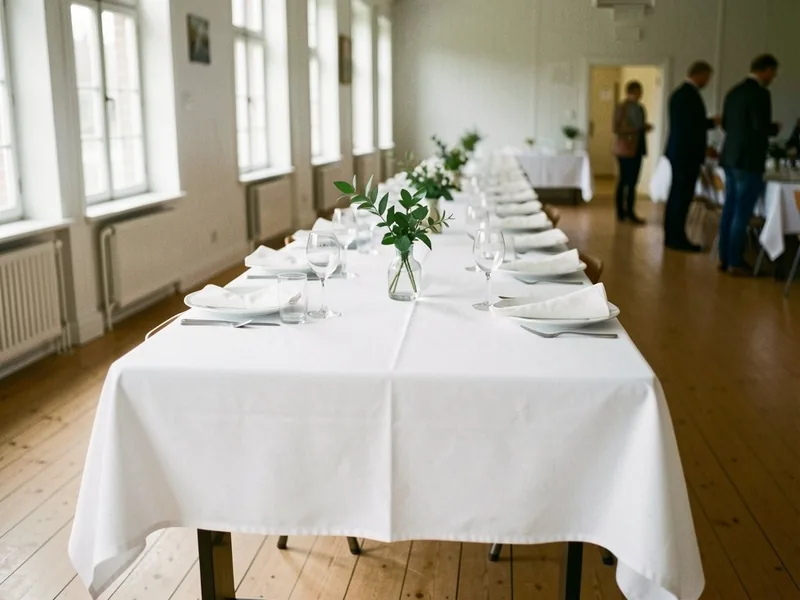 Langt festbord med hvid dug, tallerkener, glas og små vaser i et lyst forsamlingshus med trægulv