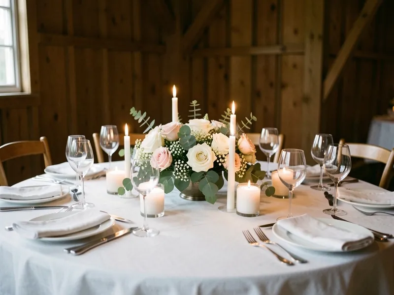 Rundt bryllupsbord med lav blomsterdekoration af hvide og lyserøde roser mellem hvide lys, dækket til otte