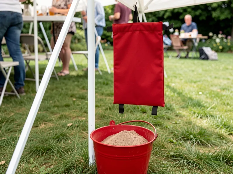 Rødt brandtæppe i taske på en teltstang og en rød brandspand med sand på græsset ved en havefest