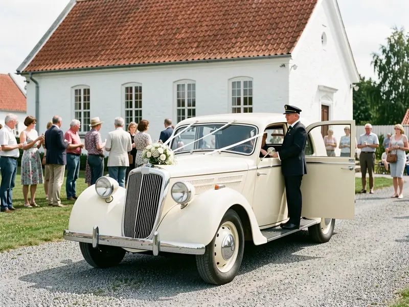 Cremefarvet veteranbil med brudebuket og hvide bånd på motorhjelmen, chaufføren i uniform ved den åbne dør, gæsterne venter ved en hvidkalket bygning
