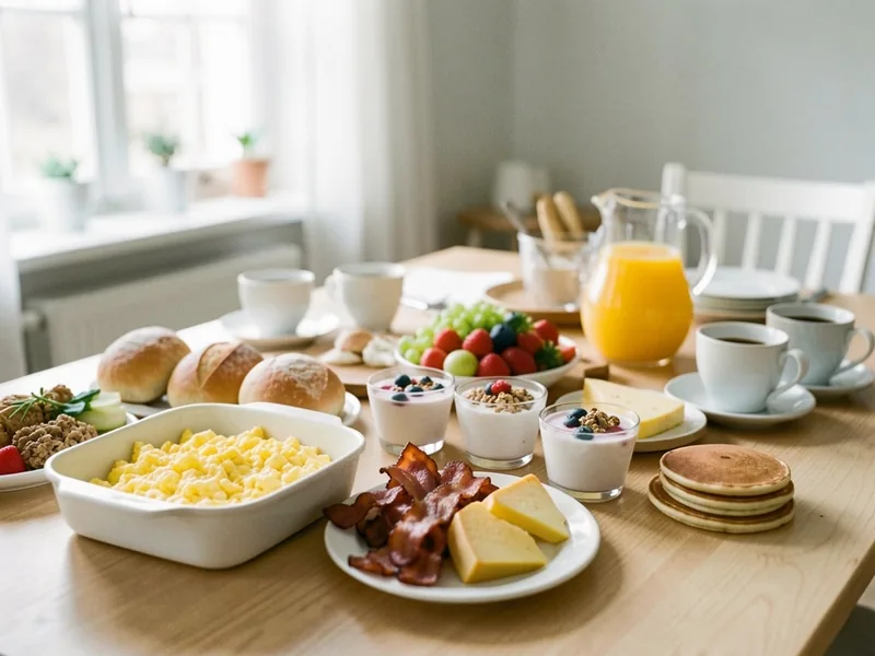 Brunchbord med røræg, bacon, boller, yoghurt med bær, pandekager, frugt, juice og kaffe
