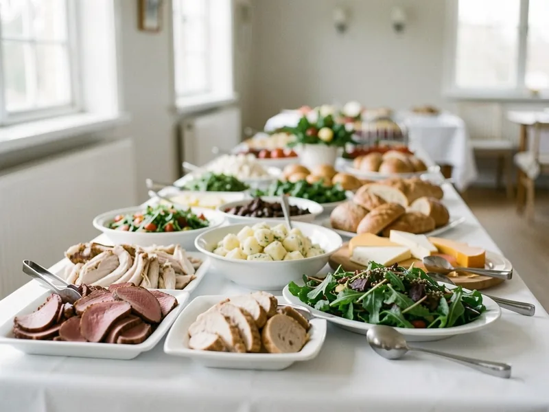 Langt buffetbord med roastbeef, kylling, kartoffelsalat, salater, brød og ost i et lyst festlokale