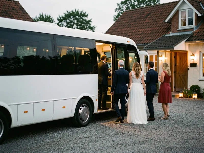Hvid bus med åben dør i en gårdsplads ved aftenstid, brudeparret og gæster går om bord