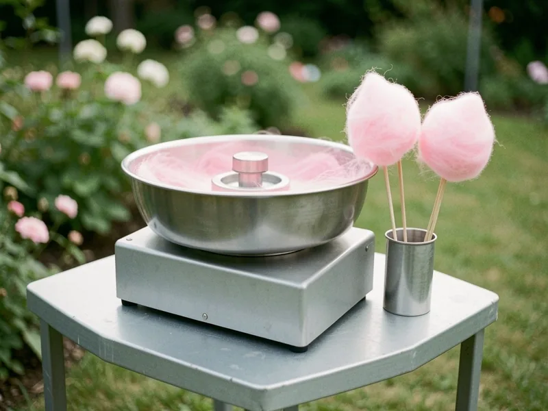Candyflossmaskine med stålskål og lyserød candyfloss på pinde i et bæger, i en have