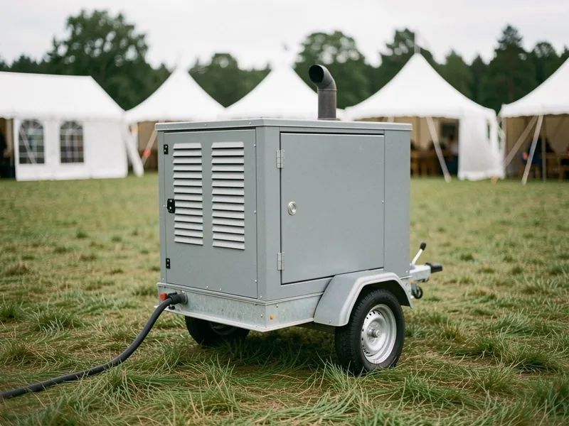 Grå generator på en lille trailer ved festpladsen med kabel hen over græsset mod teltene