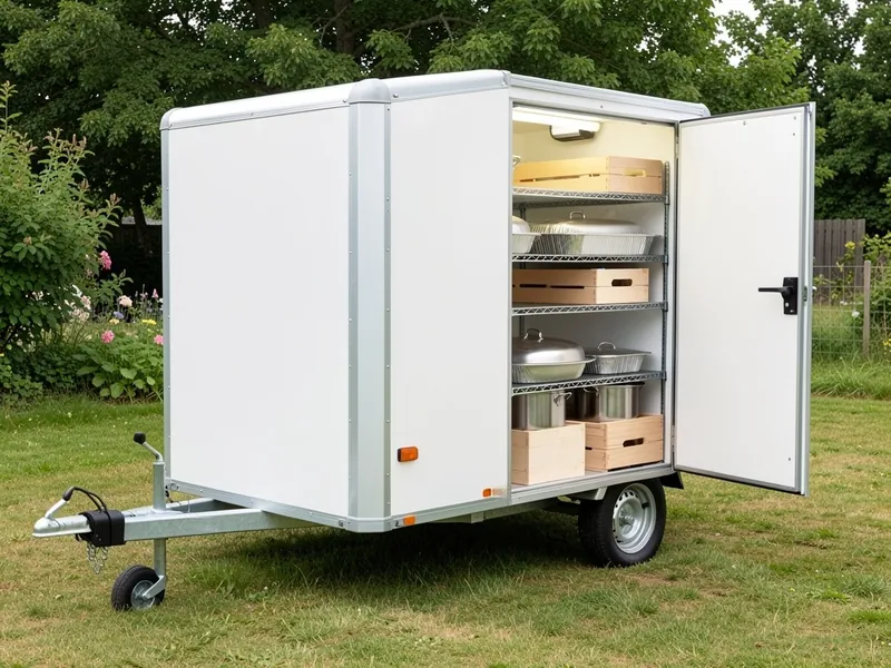 Lille hvid køletrailer med åben dør og hylder med trækasser, gryder og madbakker i haven