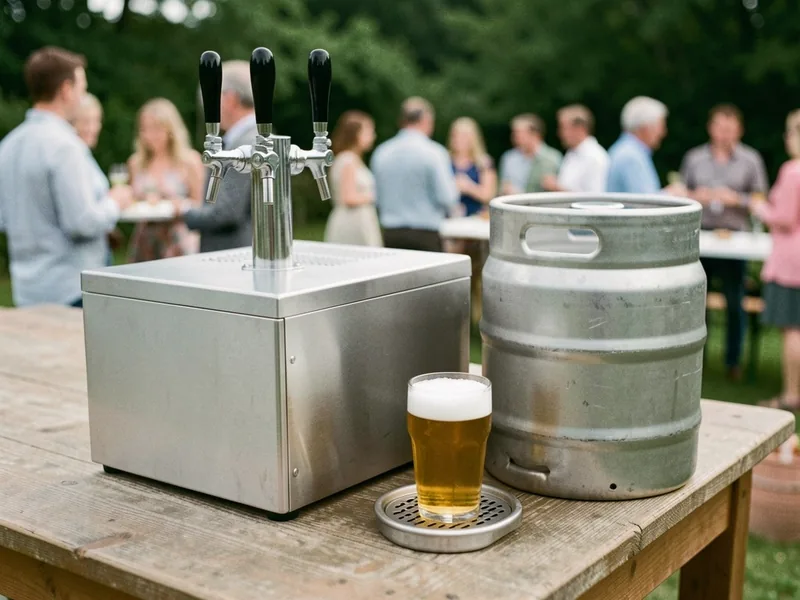 Fadølsanlæg med tre haner på en køleboks, en ølfustage og et fadøl på et havebord til fest