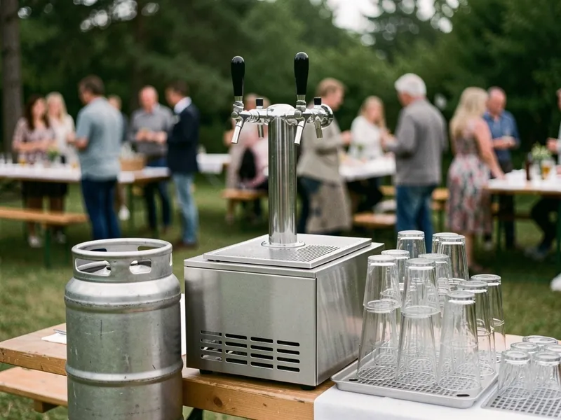Fadølsanlæg med to haner på en køler i rustfrit stål, en fustage og stablede ølglas på et bord til havefest