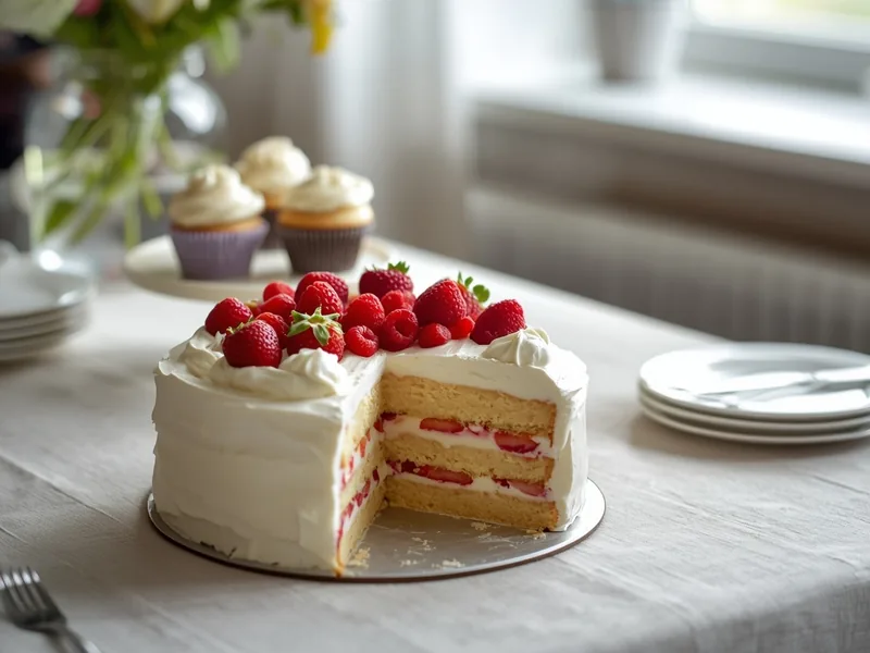 Lagkage med flødeskum, jordbær og hindbær, skåret så bundene og jordbærrene ses, cupcakes på et fad bagved