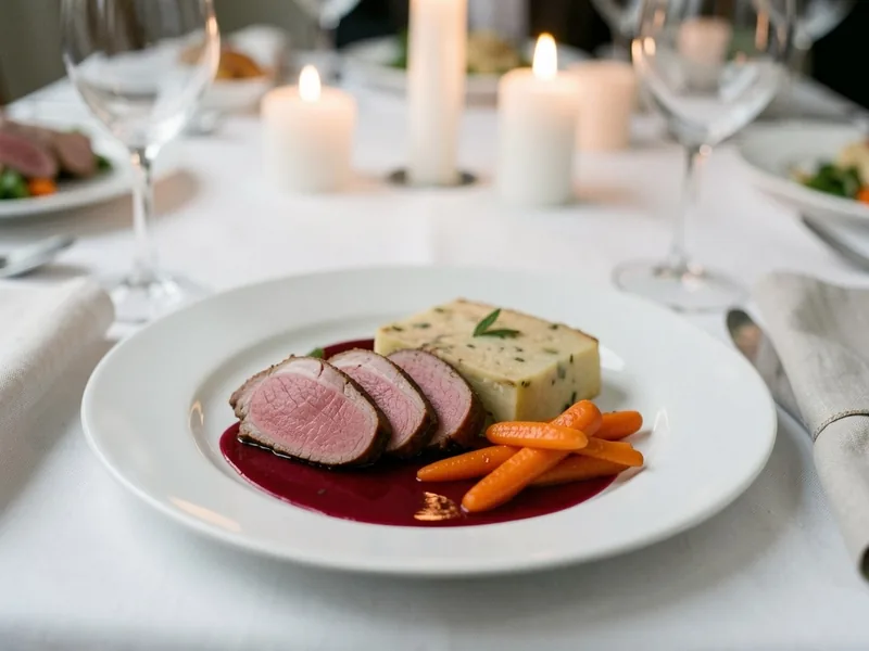 Anrettet hovedret med skiver af oksemørbrad, kartoffelterrine, glaserede gulerødder og rødvinssauce