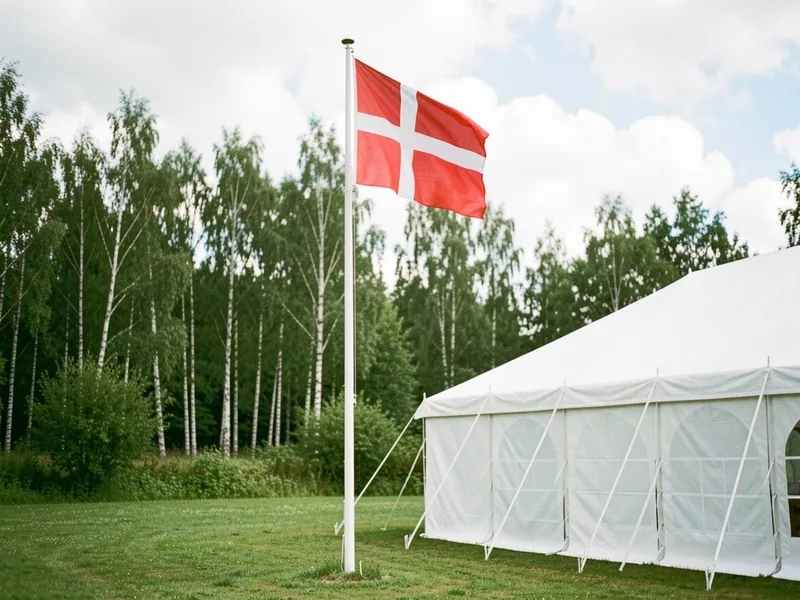 Hvid flagstang med Dannebrog i vinden ved siden af et hvidt festtelt på en græsplæne med birketræer
