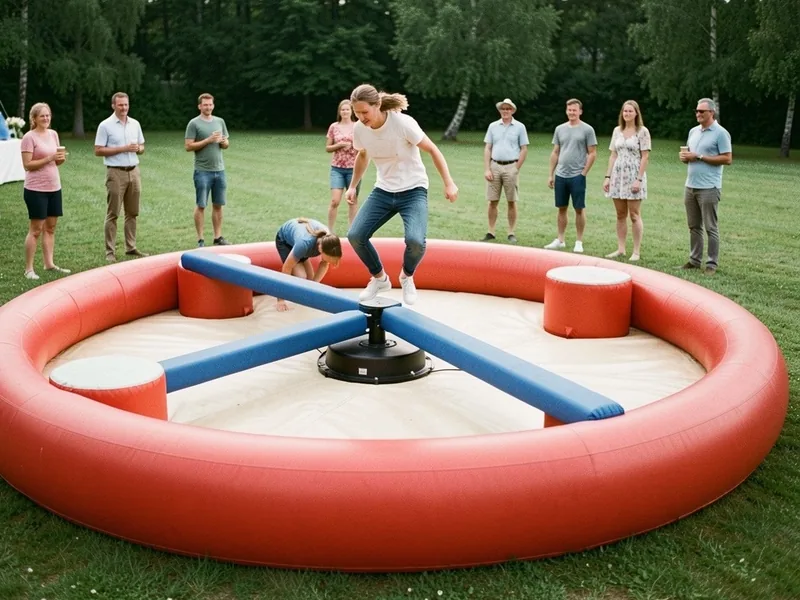 Oppusteligt wipeout-spil med roterende arme, en kvinde hopper over armen, kolleger ser på