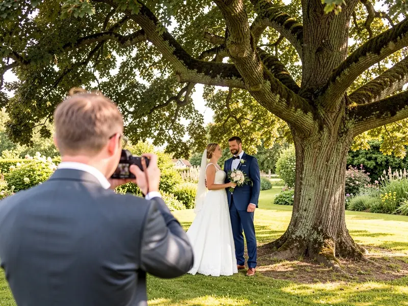 Fotograf set bagfra, der fotograferer brudeparret under et stort træ i en have
