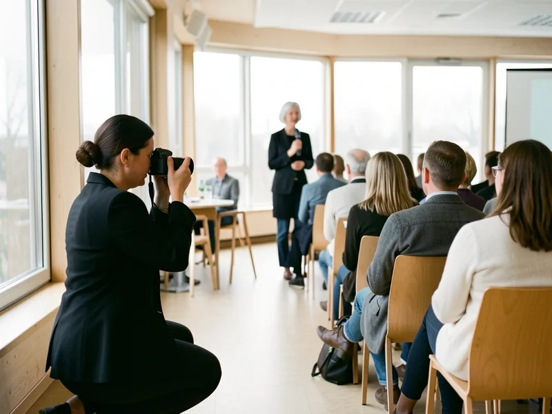 Eventfotograf på knæ i sidegangen fotograferer en taler med mikrofon til en konference i en lys sal med store vinduer