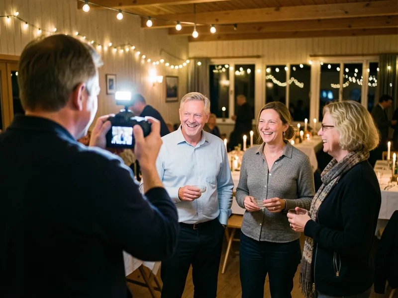 Festfotograf med kamera og blitz, der tager billede af tre smilende gæster til en fødselsdag