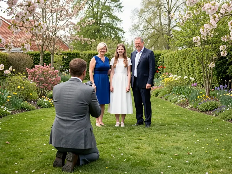 Fotograf på knæ i haven, der tager billede af konfirmanden i hvid kjole med sine forældre