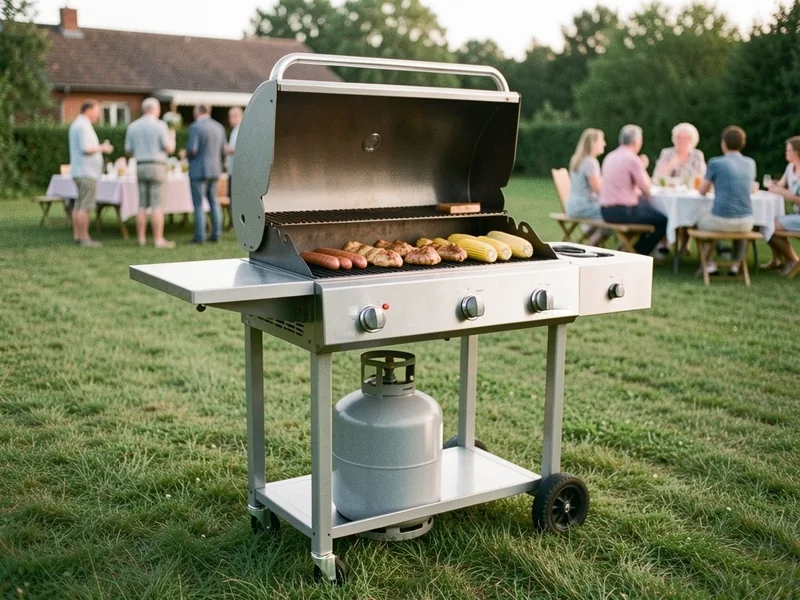 Gasgrill i stål med åbent låg, pølser og majskolber på risten og gasflaske under, til en havefest