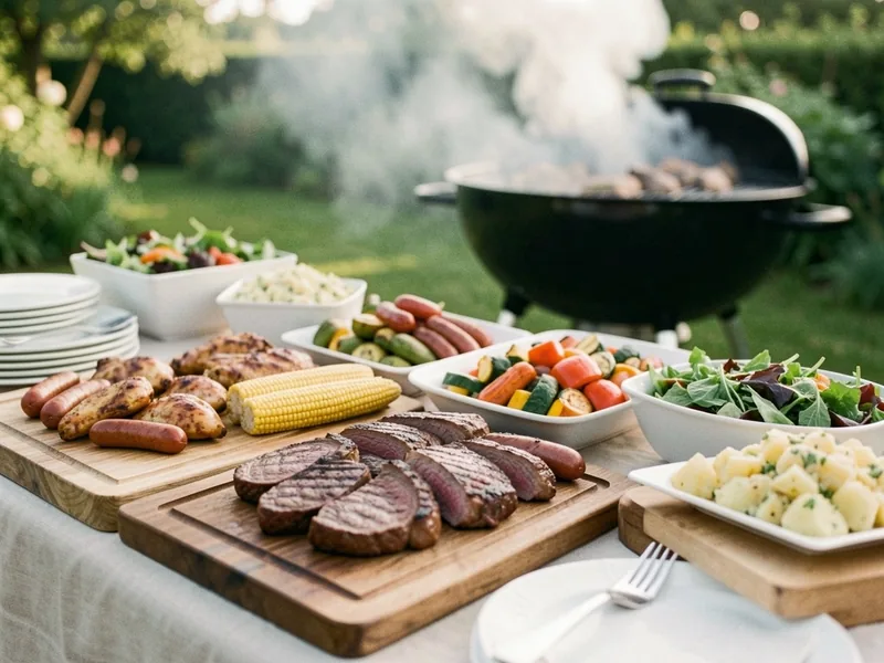 Grillbuffet med bøffer, kylling, pølser, majs, grøntsager og salater, grillen ryger i baggrunden
