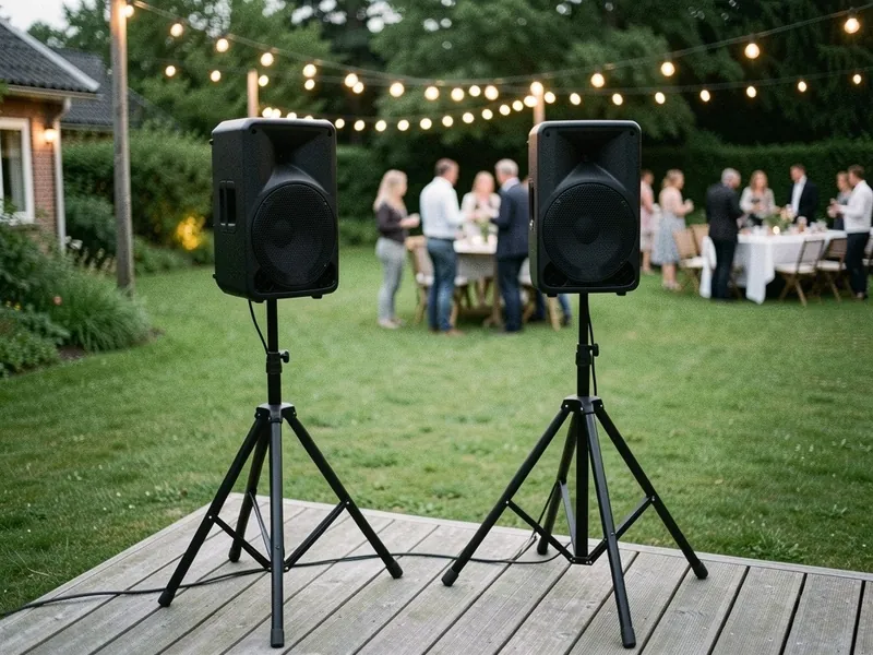 To sorte højttalere på stativer ved kanten af en terrasse, gæster ved borde under lyskæder i haven bagved