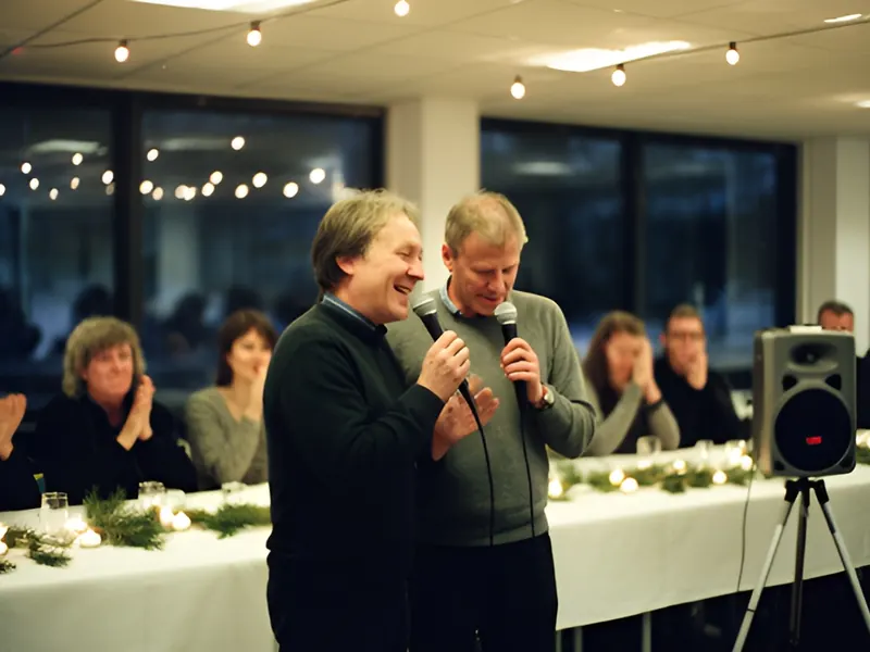 To kolleger synger i hver sin mikrofon i en kantine med lyskæder, mens de andre klapper ved langborde med gran og fyrfadslys