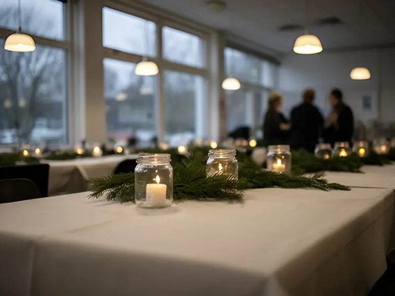 Kantine med lange borde, hvide duge, grangrene og stearinlys i glas, gråt vinterlys i vinduerne og tre kolleger i samtale