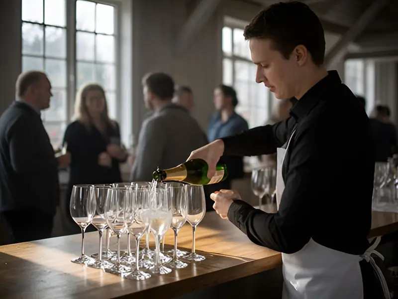 Bartender i sort skjorte og hvidt forklæde skænker bobler i en række glas, mens kolleger snakker i et lyst lokale bagved