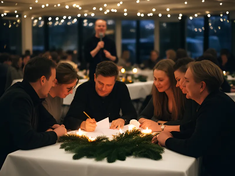 Et hold kolleger ved et bord med gran og fyrfadslys skriver svar på papir, mens quizværten med mikrofon står for enden af kantinen