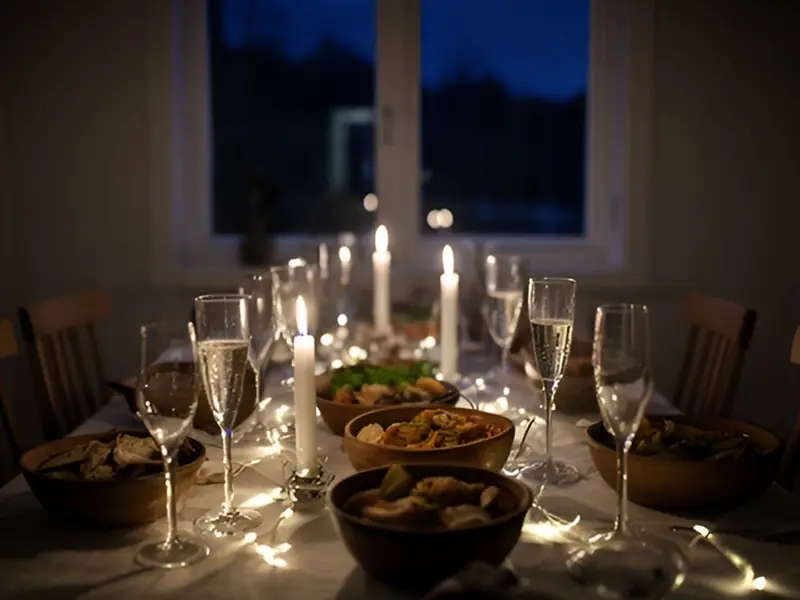 Dækket bord med stearinlys, glas med bobler og skåle med mad en mørk vinteraften