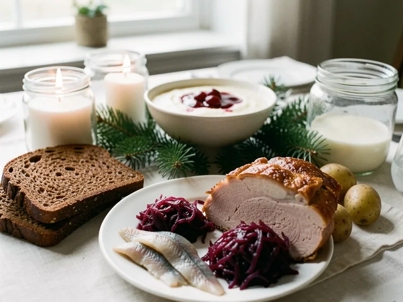 Julemad med rugbrød, sild, julesteg, rødkål, kartofler og risalamande med kirsebærsauce