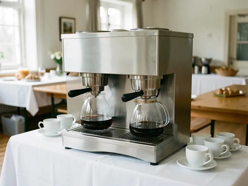 Kaffemaskine i rustfrit stål til catering med to glaskander på et buffetbord med hvid dug og kaffekopper