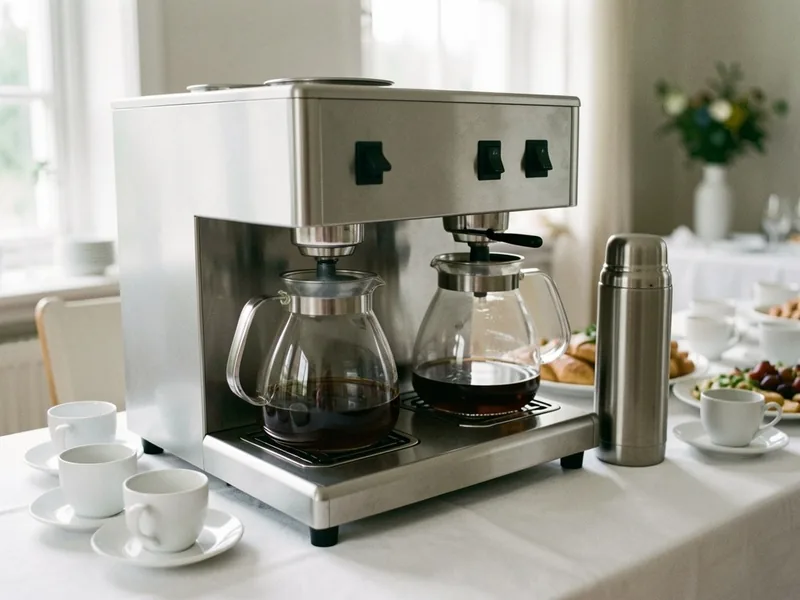 Kaffemaskine i stål med to glaskander, en termokande og hvide kopper på et buffetbord
