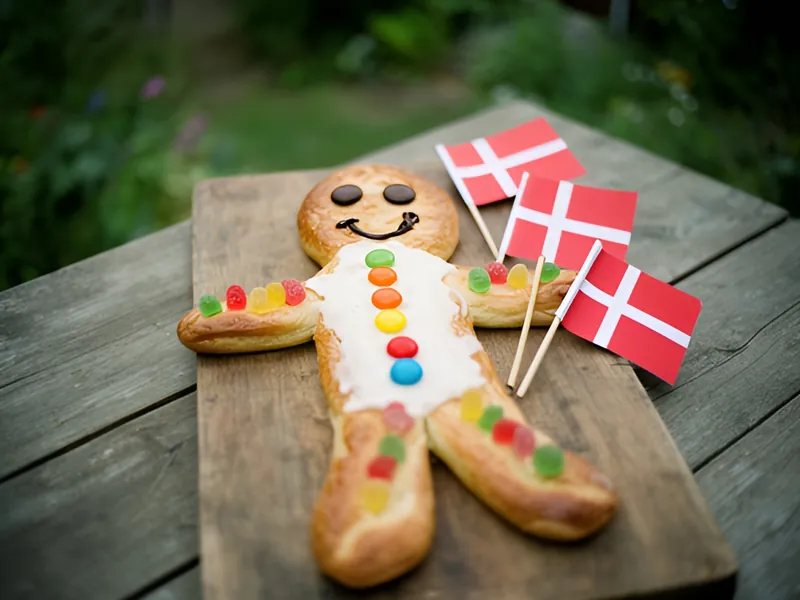 Kagemand af wienerbrød med hvid glasur, slikknapper, chokoladeøjne og små dannebrogsflag på et bræt på et havebord