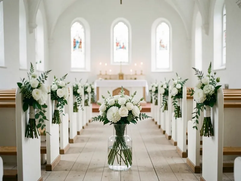 Hvidkalket landsbykirke med hvide blomsterdekorationer på enden af hver kirkebænk langs midtergangen