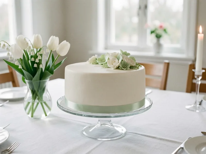 Rund kage med glat hvid marcipan, lysegrønne sukkerblomster og satinbånd på et glaskagefad ved hvide tulipaner