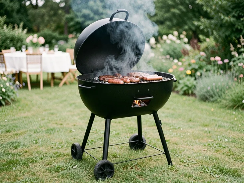 Sort kuglegrill med åbent låg, pølser og bøffer på risten og røg, i en have med festbord