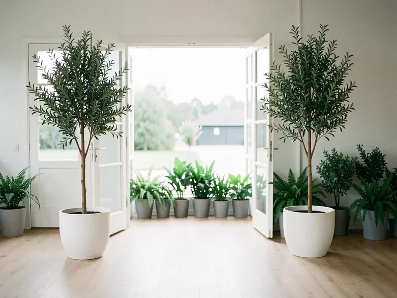 To kunstige oliventræer i hvide potter ved en åben dobbeltdør og grønne kunstige planter i grå potter langs væggen