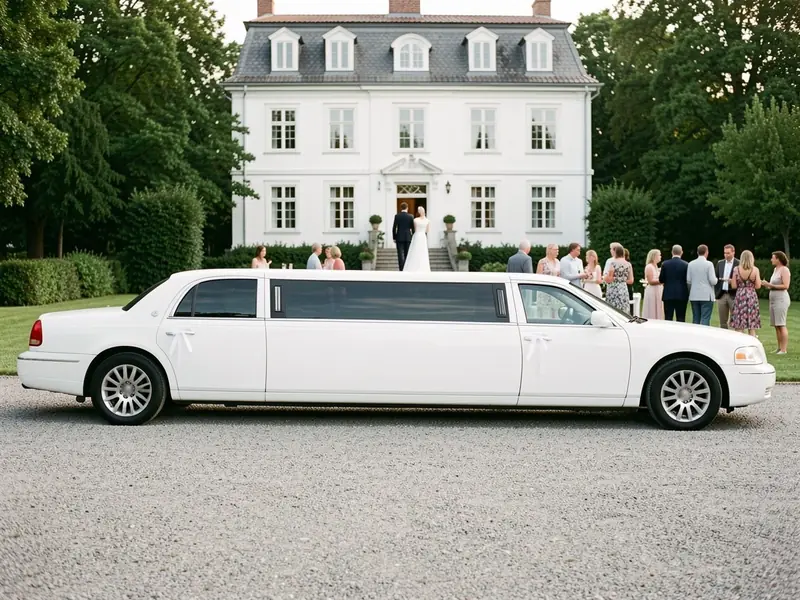 Hvid stretchlimousine med bånd på dørhåndtagene foran en hvid herregård, brudeparret på trappen