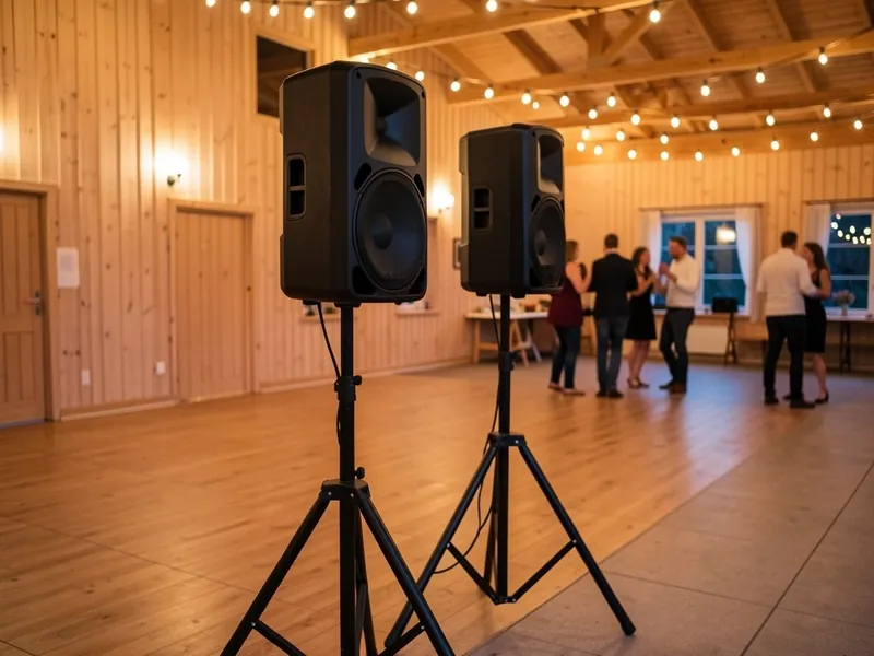 To sorte højttalere på stativ ved dansegulvet i et forsamlingshus med lyskæder under loftet
