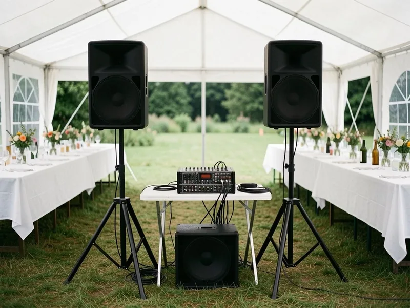 Lydanlæg i et festtelt: to højttalere på stativ, subwoofer og mixer på et bord mellem langbordene