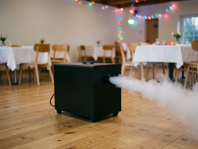Sort røgmaskine på trægulvet, der sender en lav stråle røg ud over dansegulvet