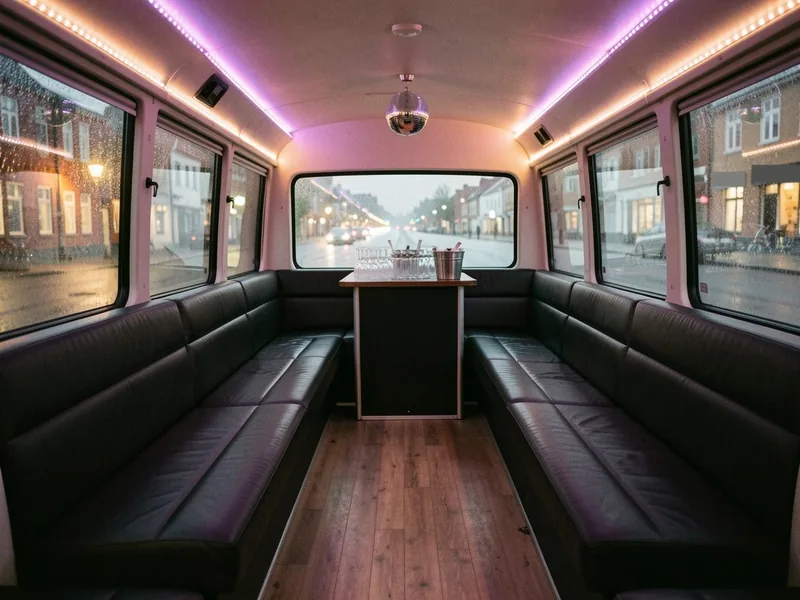 Partybus indefra med lædersofaer langs vinduerne, en lille bar med glas, LED-lys og en diskokugle