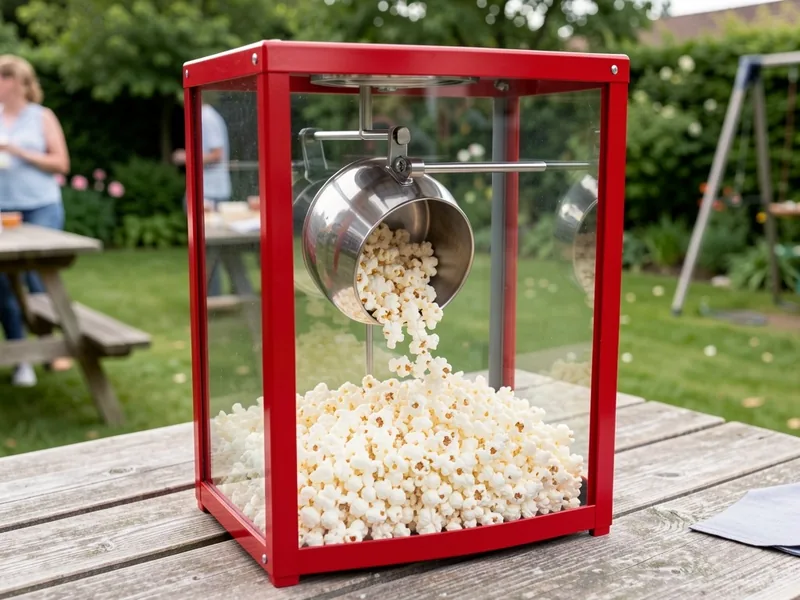 Popcornmaskine med rød ramme og glasskab, hvor gryden tipper friske popcorn ud, på et havebord