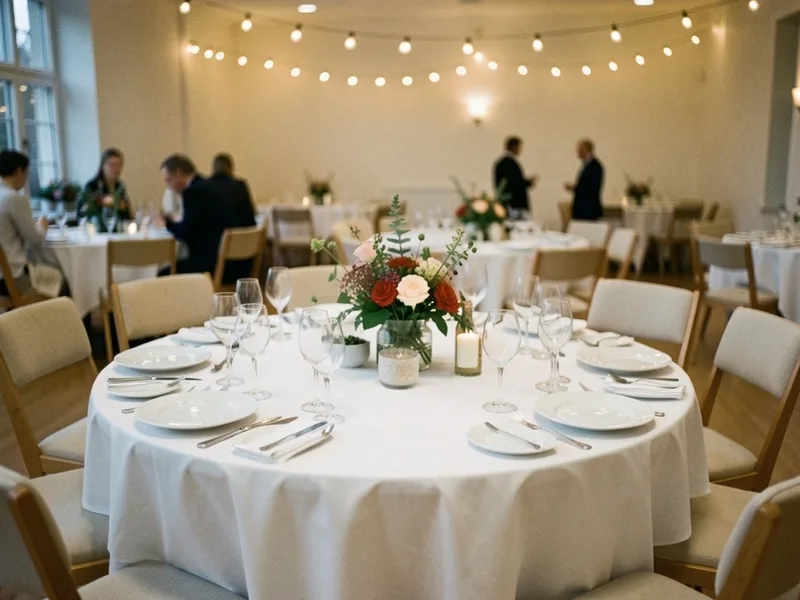 Rundt festbord med lang hvid dug, otte stole, glas og blomster i midten, lyskæder bagved