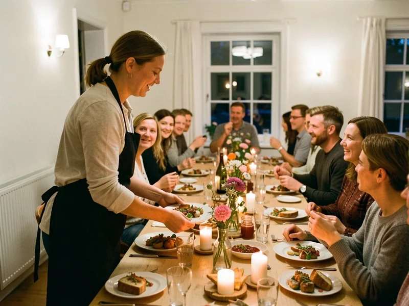 En værtinde i sort forklæde serverer mad for gæster ved et langbord med lys og blomster