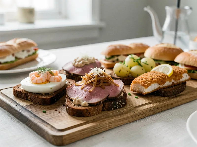 Smørrebrød på rugbrød med æg og rejer, roastbeef, kartoffel og fiskefilet, og sandwich bagved