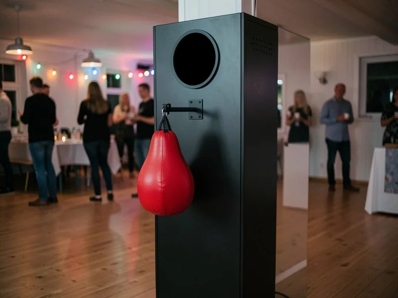 Sort boksemaskine med rød boksebold i en festsal om aftenen, gæster i baggrunden